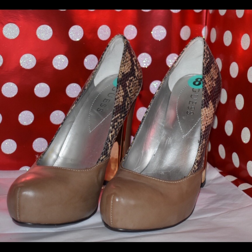 Guess Size 8 Taupe and Snake Skin 4’ Heels